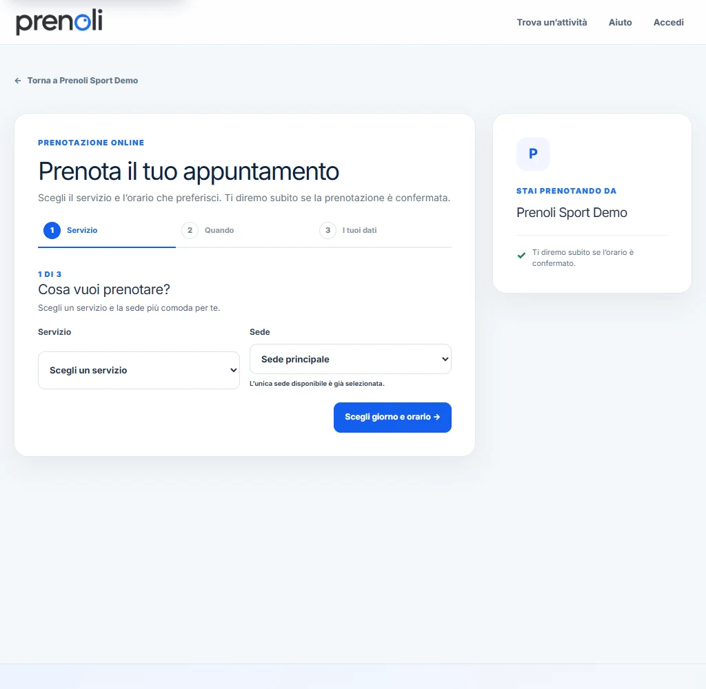 Modulo reale di prenotazione Prenolì: scelta del servizio e della sede, con i passaggi Quando e I tuoi dati.