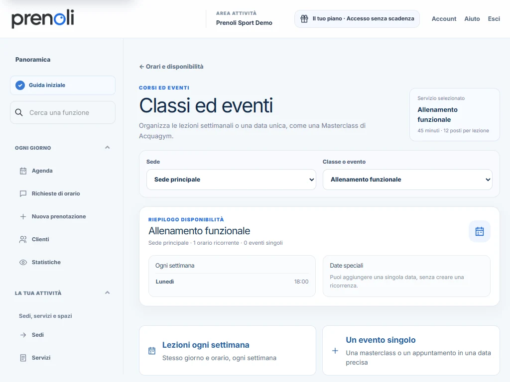 Schermata reale di Prenolì su tablet per configurare il calendario delle classi e degli eventi.
