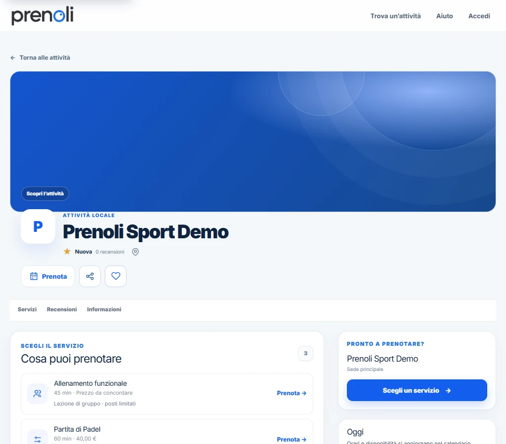 Profilo pubblico dimostrativo di Prenolì con il pulsante Prenota e la lista dei servizi.
